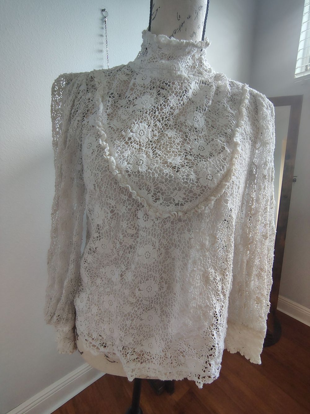 LoveShackFancy Delicate Cream Crochet Lace High-Neck Blouse